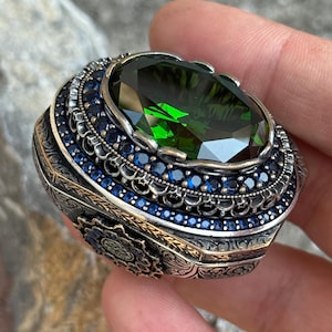 925 Silver Green Emerald Stone Ring, Mens Large Ruby And Emerald Gemstone Ring, Vintage Large Ring, Turkish Ottoman Ring, Gift For Him