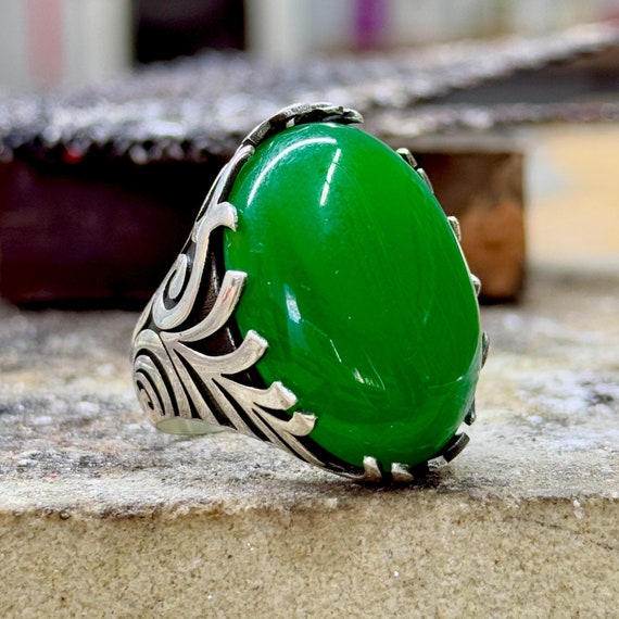 Anello da uomo con pietra di giada verde, anello in giada naturale