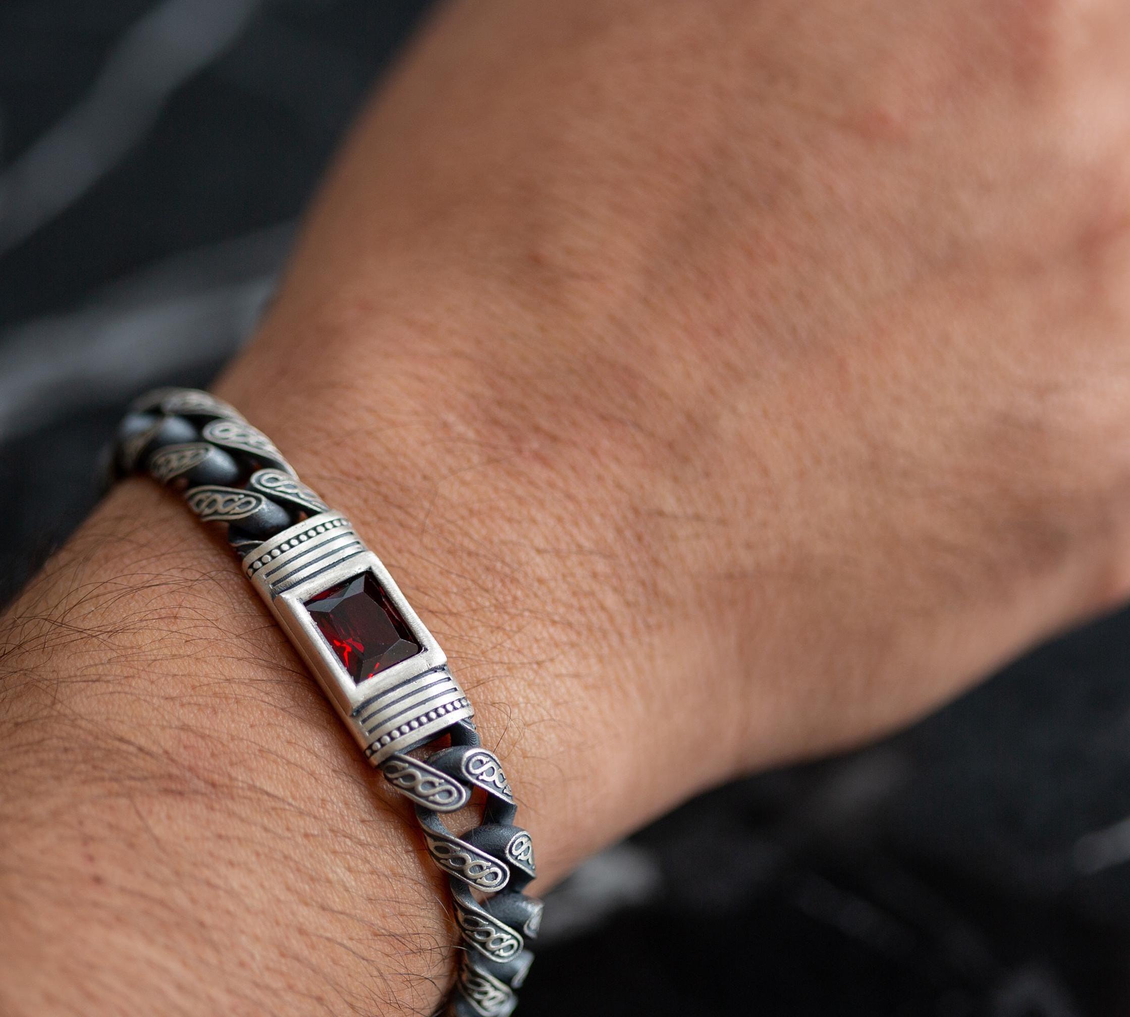 Men Garnet Stone Engraved Chain Bracelet, Red Stone Men Curb