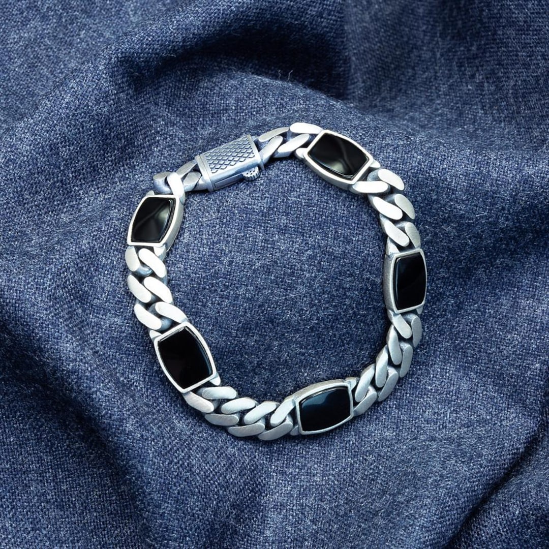 925 Silver Black Onyx Chain Bracelet, Curb Chain 10MM Bracelet