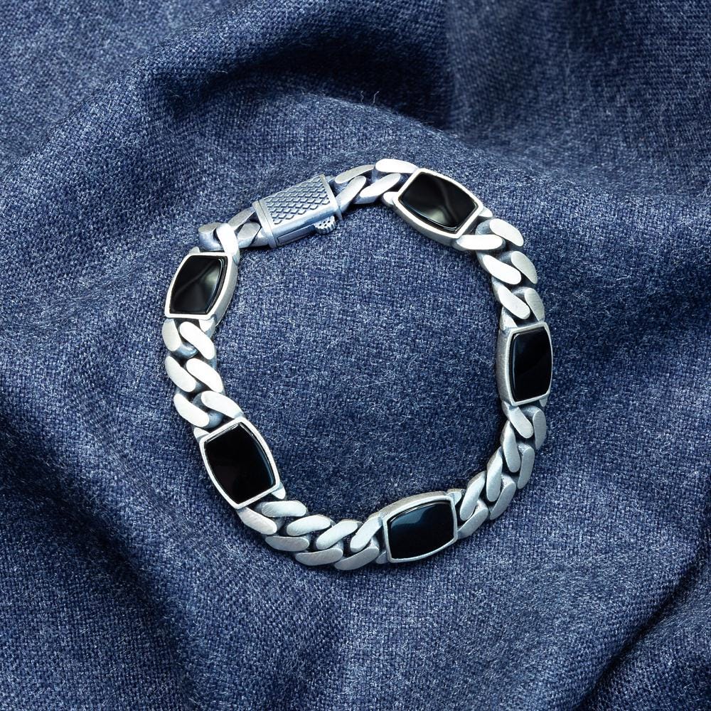 925 Silver Black Onyx Chain Bracelet, Curb Chain 10MM Bracelet