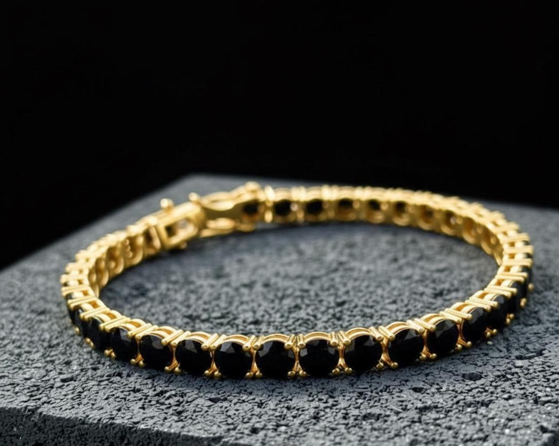 Men Gold Black Moissanite Diamond Bracelet, 5MM Round Black