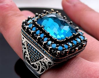 Men Silver Aquamarine Ring, Turkish Handmade Blue Gemstone Ring, Handmade Silver Ring, Ottoman Style Men Ring, Gift For Men, 925 Silver