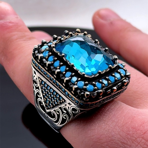 Men Silver Aquamarine Ring, Turkish Handmade Blue Gemstone Ring