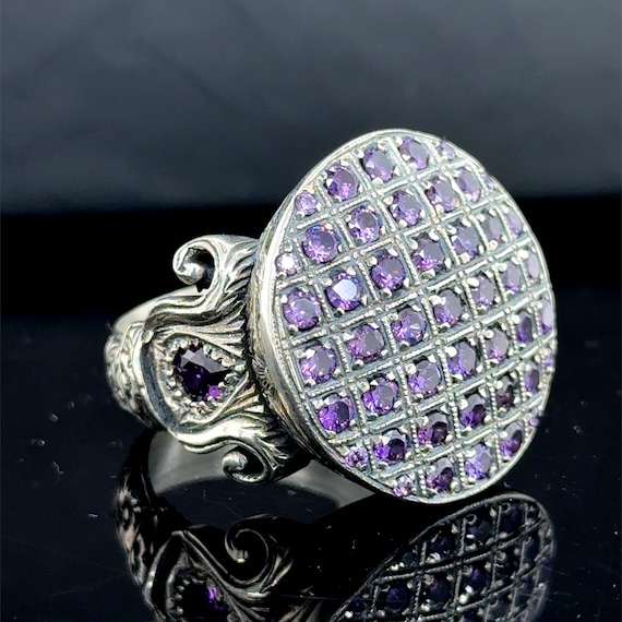 Engraved Amethyst Ring, Turkish Amethyst Silver Ring, Man Amethyst