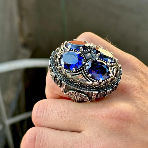 Sterling Silver Men's Bezel Blue Sapphire Textured Band Ring Sterling Silver Men's Bezel Blue Sapphire Textured Band Ring