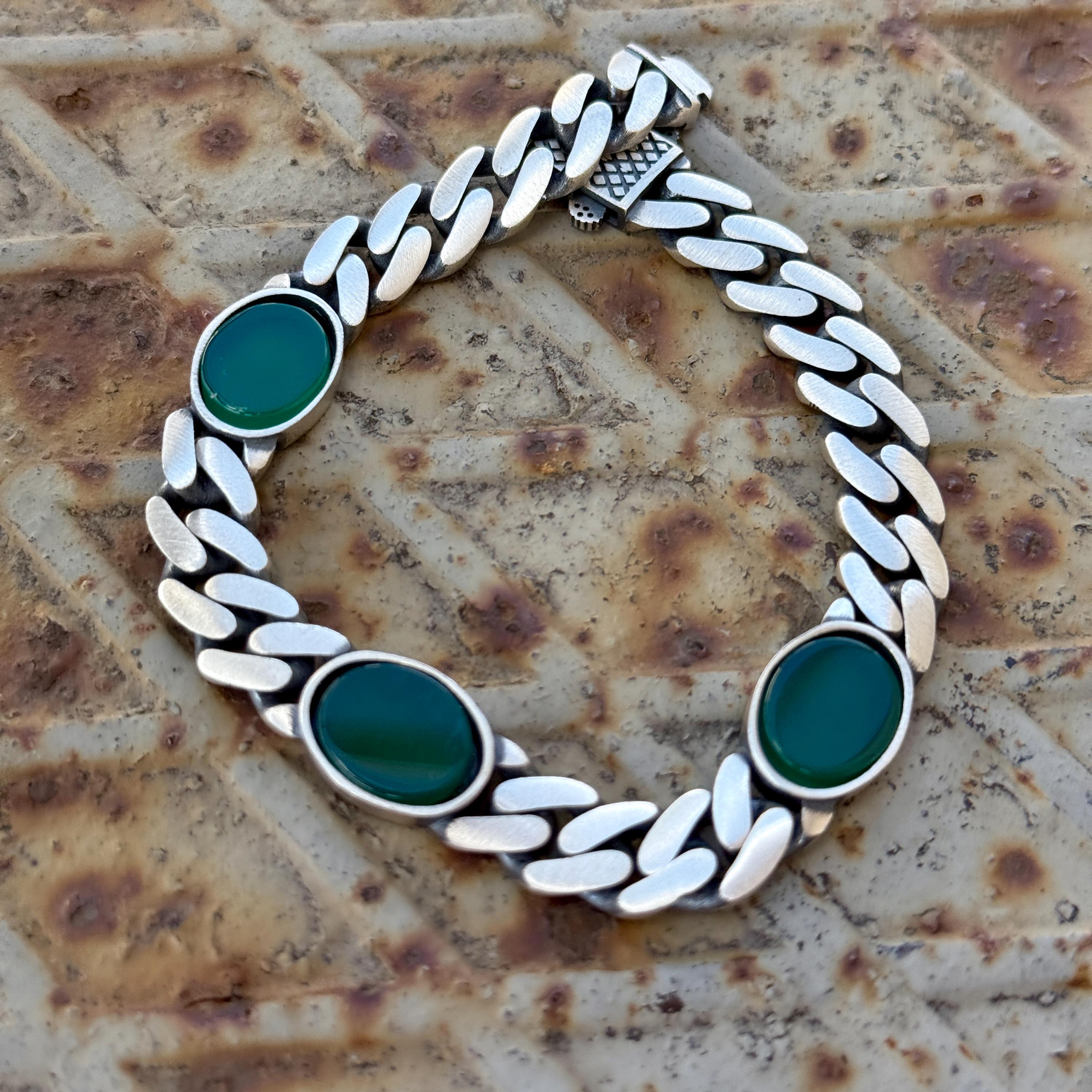 925 Silver Green Agate Chain Bracelet, 10MM Curb Chain Men