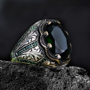Mann Smaragd Stein Ring, Osmanischen Stil Ring, Türkisch Handgemachter Silber Herren Ring, Vintage Ring, 925k Sterling Silber Ring, Geschenk für Ihn