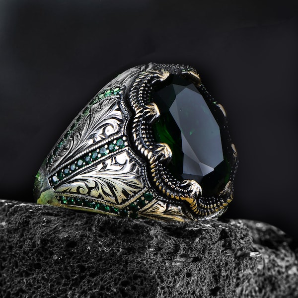 Man Emerald Stone Ring , Ottoman Style Ring ,  Turkish Handmade Silver Men Ring , Vintage Ring , 925k Sterling Silver Ring , Gift For Him