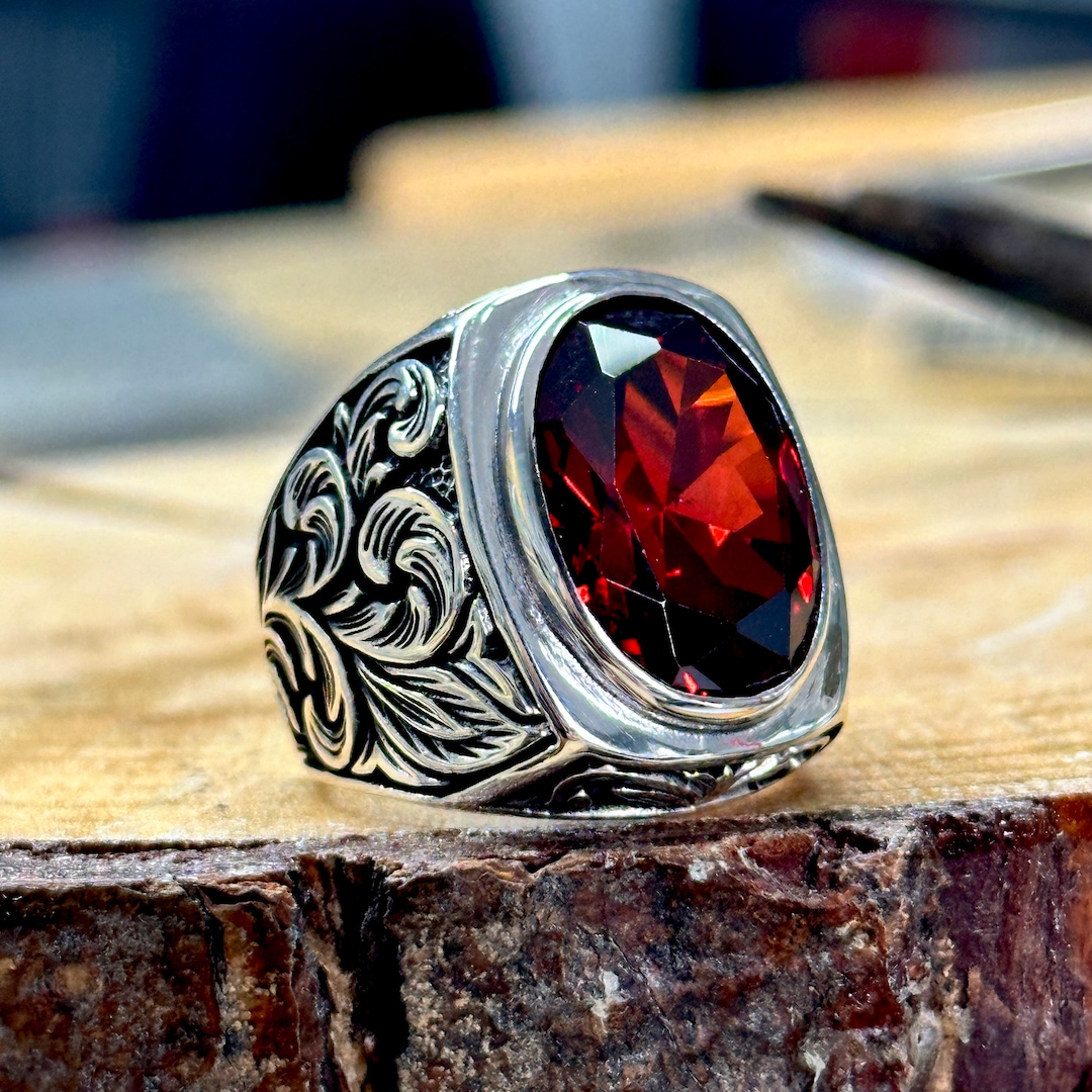 Silver Ruby Stone Ring Red Stone Men Handmade Ring Men Jewelry