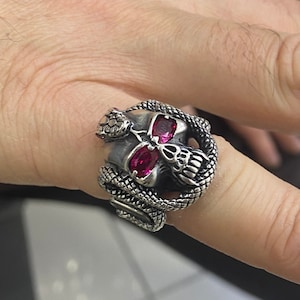 Sterling Silver Ruby Stone Eyes Skull Ring , Men Silver Snake Ring , Biker Ring , Gothic Jewelry , 925k Sterling Silver Ring , Gift For Him