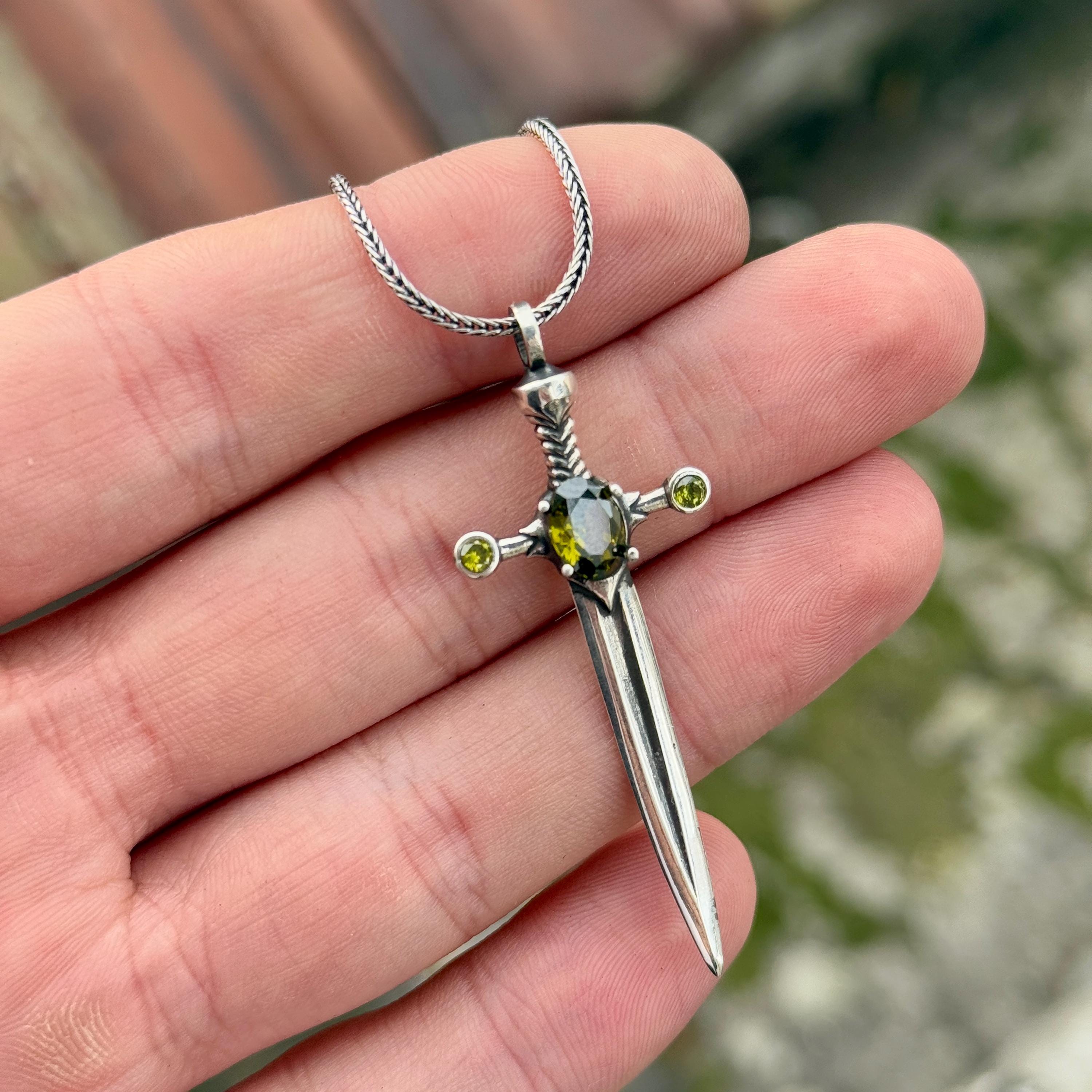 Silver Sword Pendant , Green Stone Sword Necklace , Silver Warrior