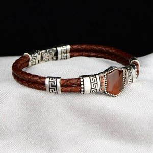Silver Leather Bracelet , Greek Style Bracelet , Agate Stone Bracelet , Men Handmade Red Leather Bracelet , 925k Sterling Silver Bracelet