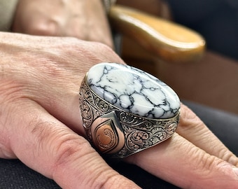 Men Large Turquoise Stone Ring, Elif Vav Men Ring, Man Big Ring, Ottoman Style Ring, 925k Sterling Silver Ring, Gift For Men , 925 Silver