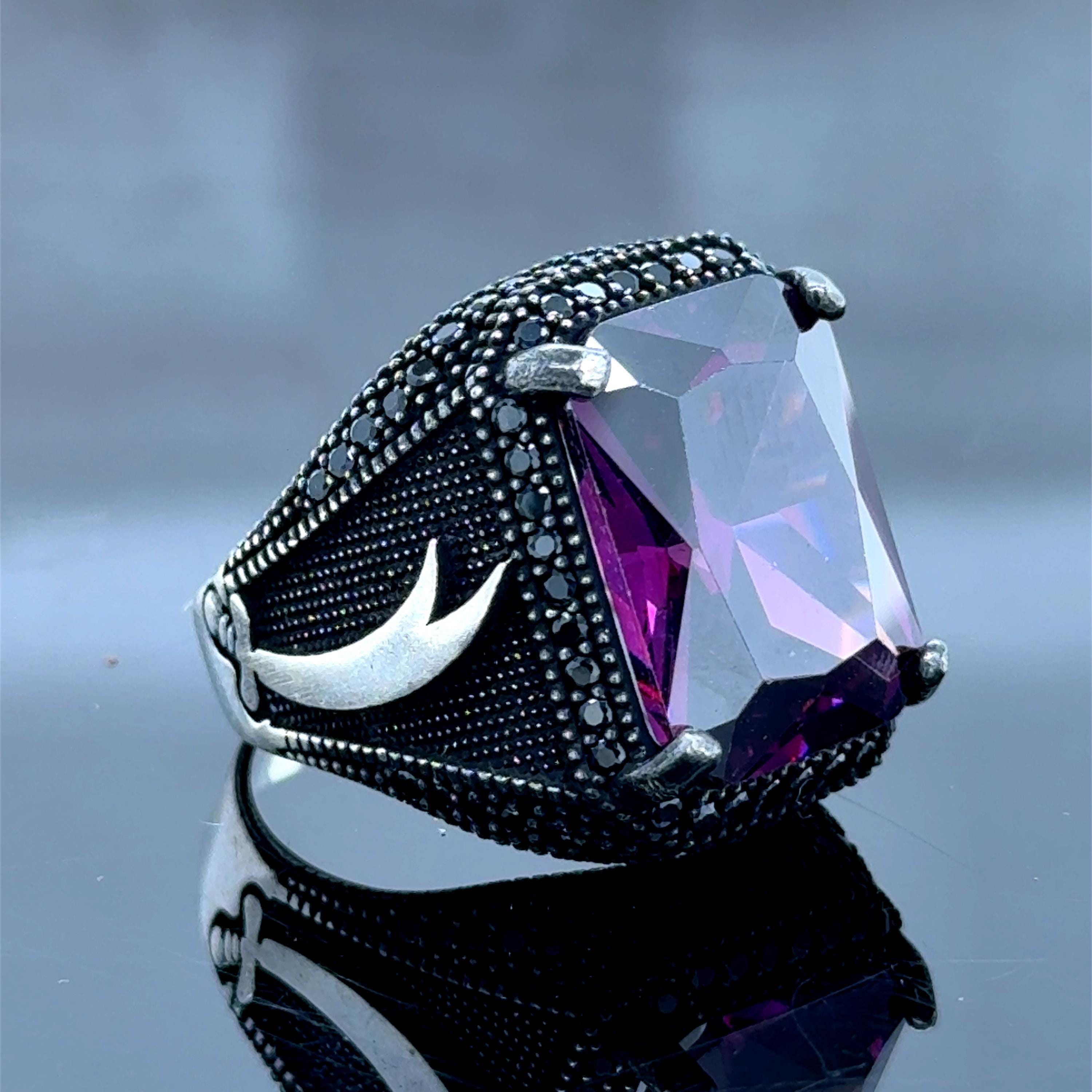 Men Zulfiqar Amethyst Silver Ring, Purple Amethyst Stone Ring