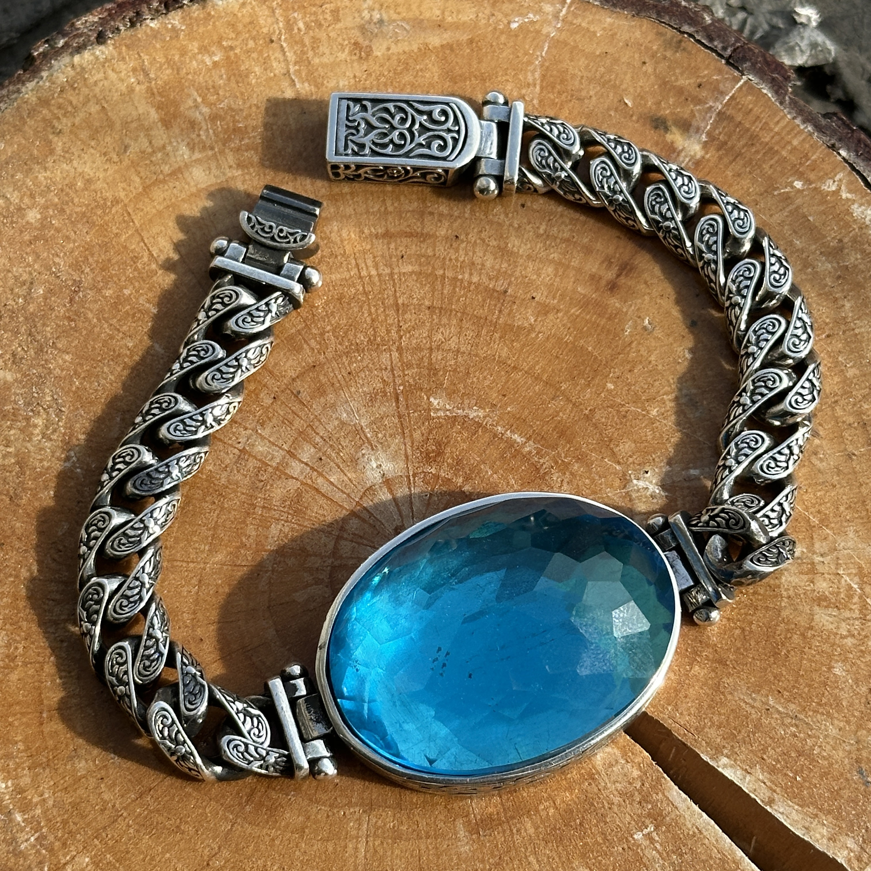 Silver Aquamarine Stone Bracelet , Men Thick Chain Bracelet Silver Aquamarine Stone Bracelet , Men Thick Chain Bracelet