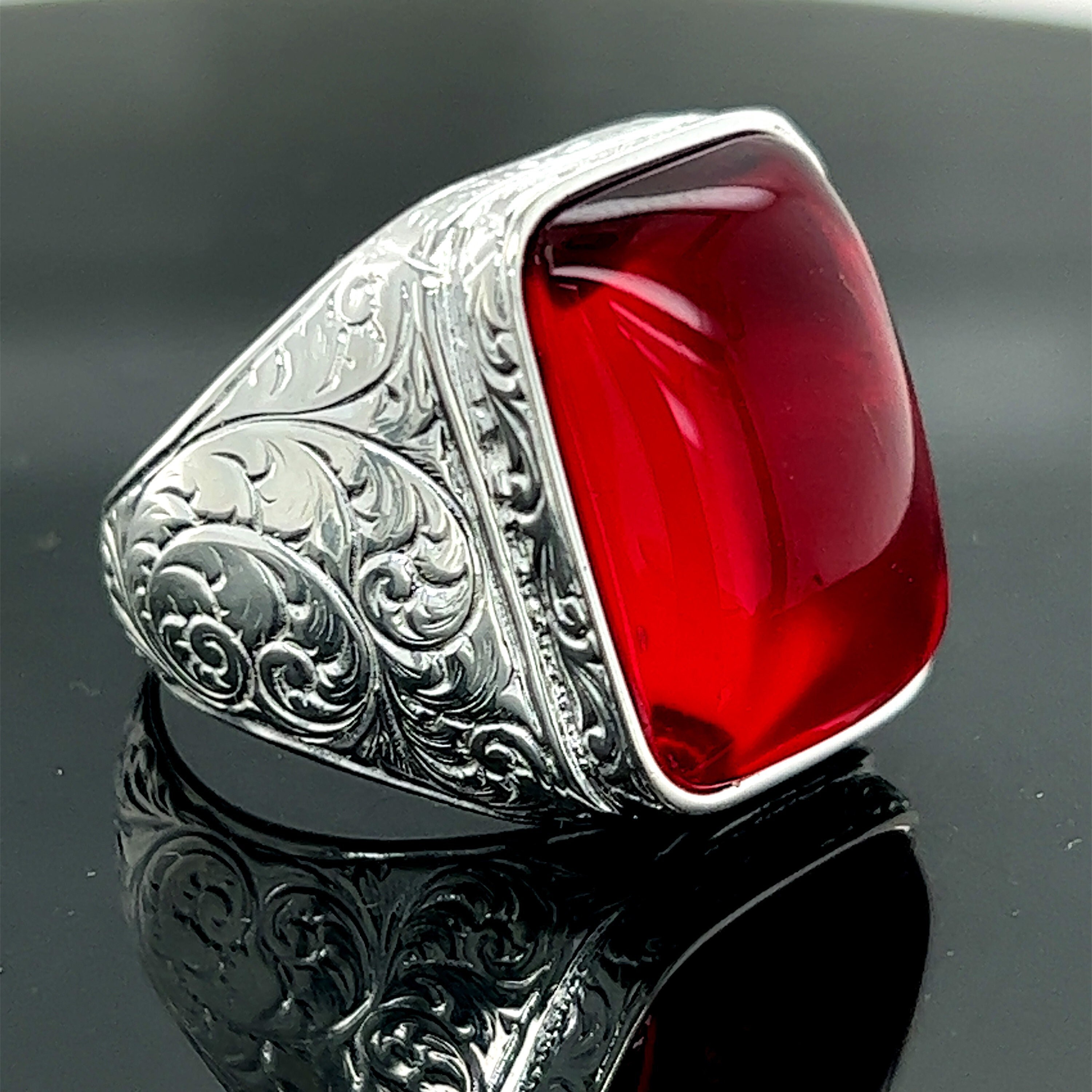 Natural Ruby Stone Ring , Man Handmade Silver Ring , Red Stone Ring, Engraved Silver Ring , Ottoman Style Ring , 925k Sterling Silver Ring