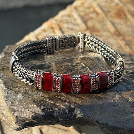 Silver Handmade Natural Ruby Stone Bracelet, Red Gemstone Foxtail