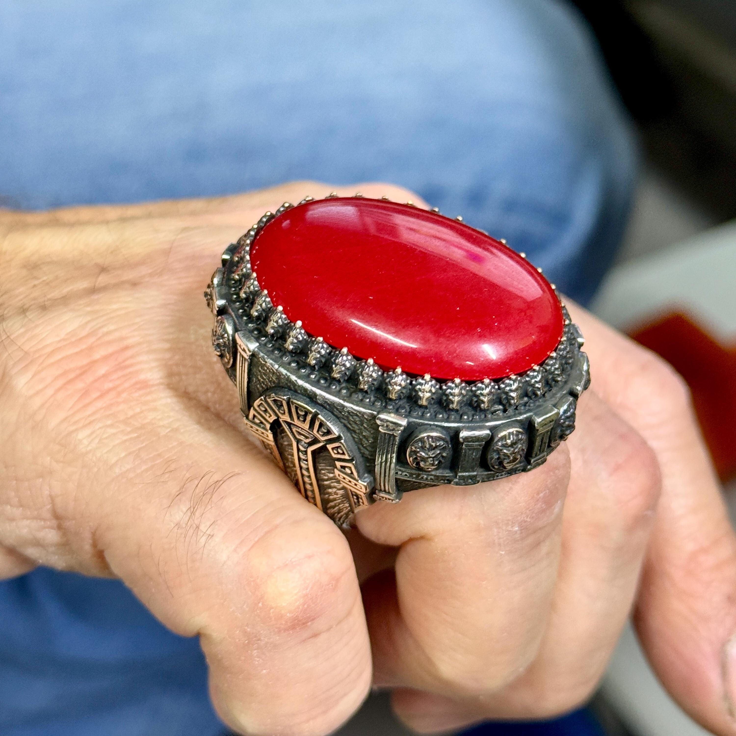 Men Silver Red Jade Stone Ring, Silver Large Stone Ring, Ottoman