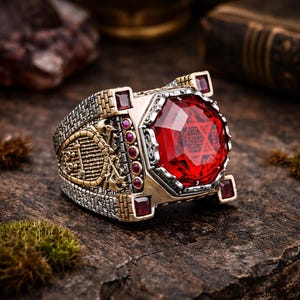 Silver Large Red Ruby Stone Seal Of Solomon Ring, King Solomon Signet Ring, Solomon Signet Ring, Mens Signet Ring, 925 Sterling Silver