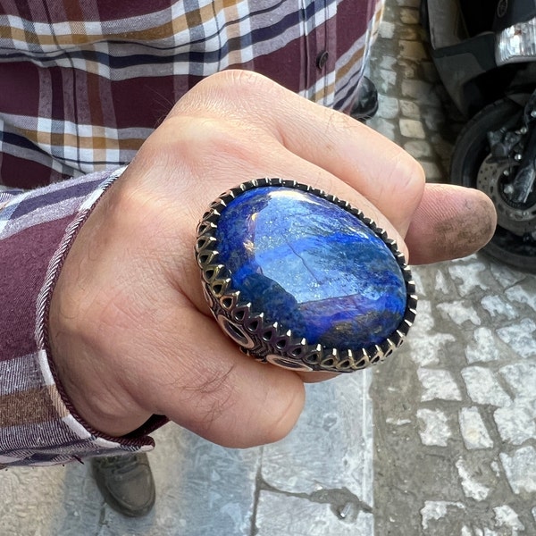 Silver Lapis Lazuli Ring, Ottoman Style Large Tulip Lapis Ring , Blue Lapis Lazuli Men's Ring,  925k Sterling Silver Ring , Gift For Him