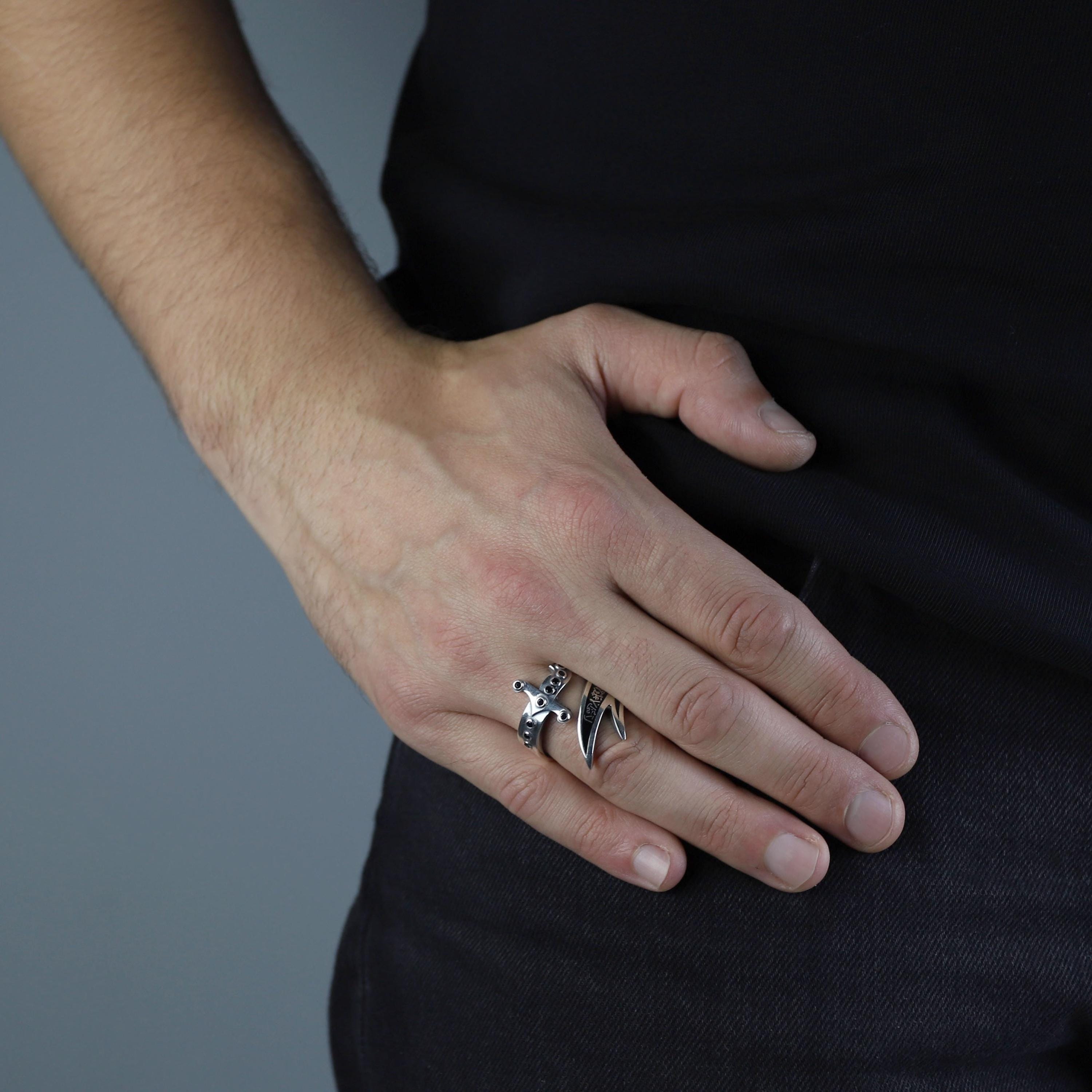 Men Silver Sword Ring, Double Zulfiqar Sword Ring, Hz Ali Signet