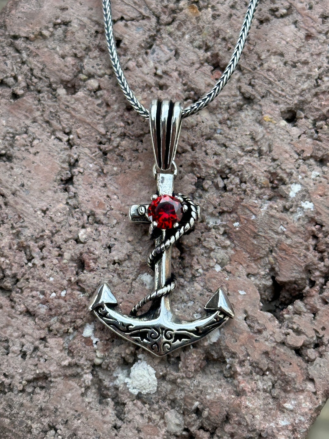 Ruby Stone Anchor Pendant , Silver Anchor Necklace , Silver Sailor ...
