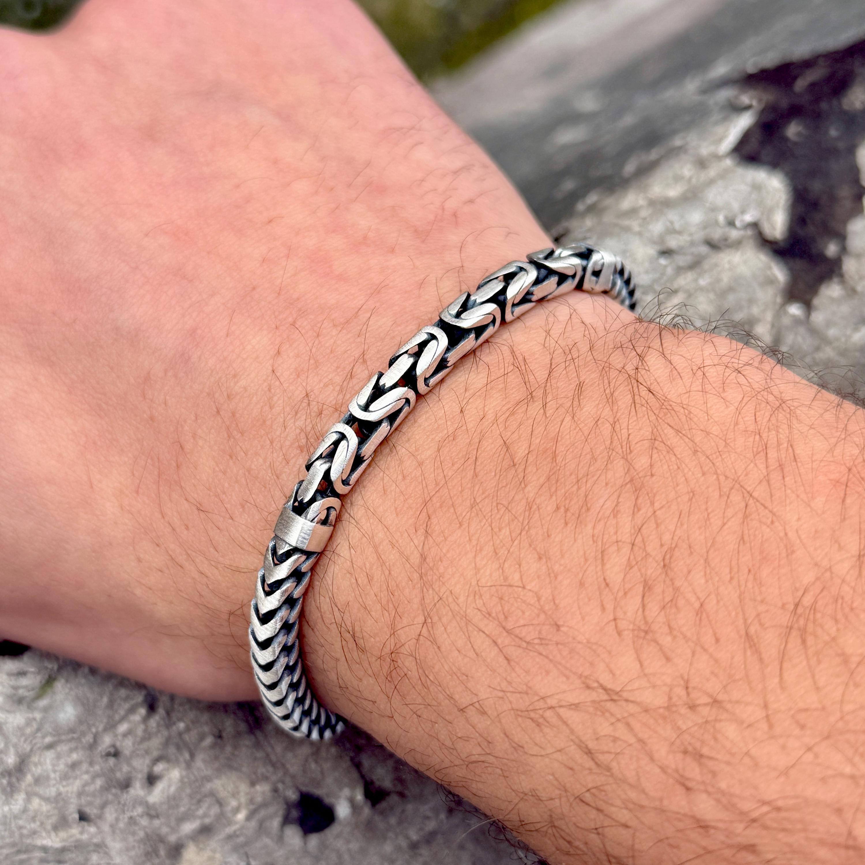 925 Silver Square King Chain Bracelet, Solid Silver Byzantine