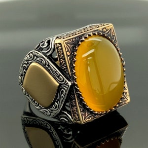 Herren Ring,Gelber Achat Ring,Türkische Handarbeit Silber Herren Ring,Naturstein, Geschenk für Ihn, 925 Sterling Silber Ring