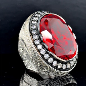 Herrring med stor rubinsten, graverad djup rubinsten, naturlig rubinring för män, turkisk handgjord silverring, present till pappa, present till honom