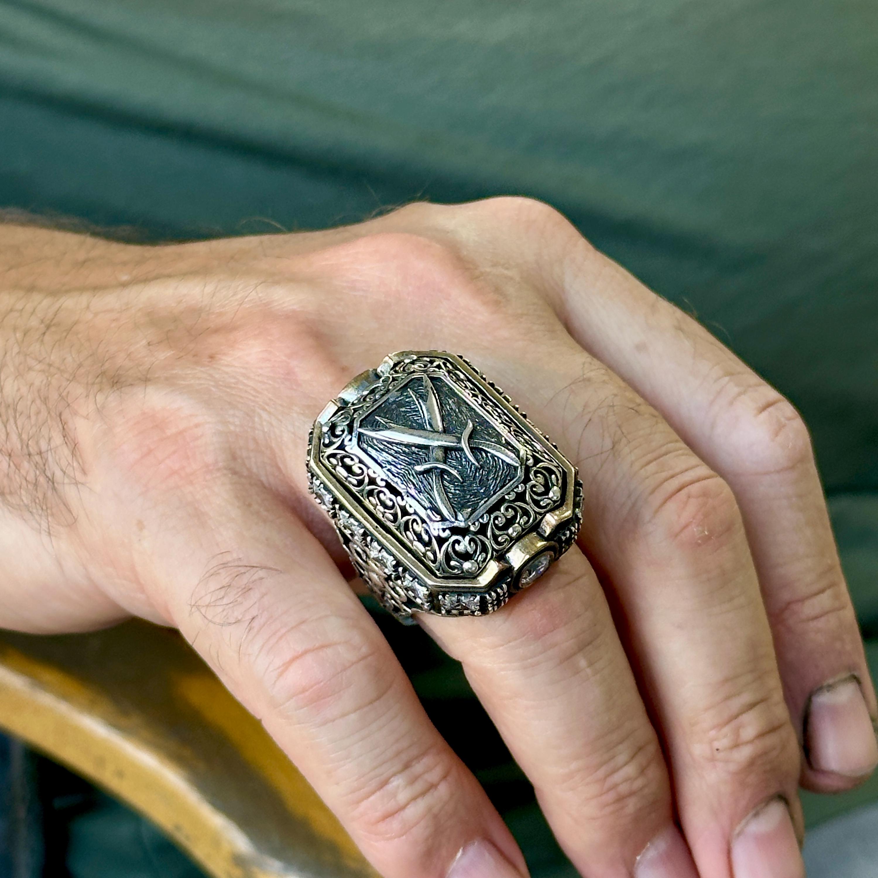 Silver Handmade Double Sword Ring , Large Silver Hz.ali Zulfiqar