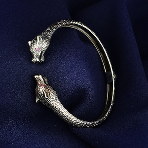 Silver Wolf Bracelet , Two Heads Wolf Bracelet , Ruby Eyes Wolf Bracelet , Unisex Handmade Wolf Head Bracelet ,925k Sterling Silver Bracelet