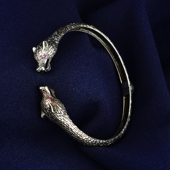 Silver Wolf Bracelet , Two Heads Wolf Bracelet , Ruby Eyes Wolf