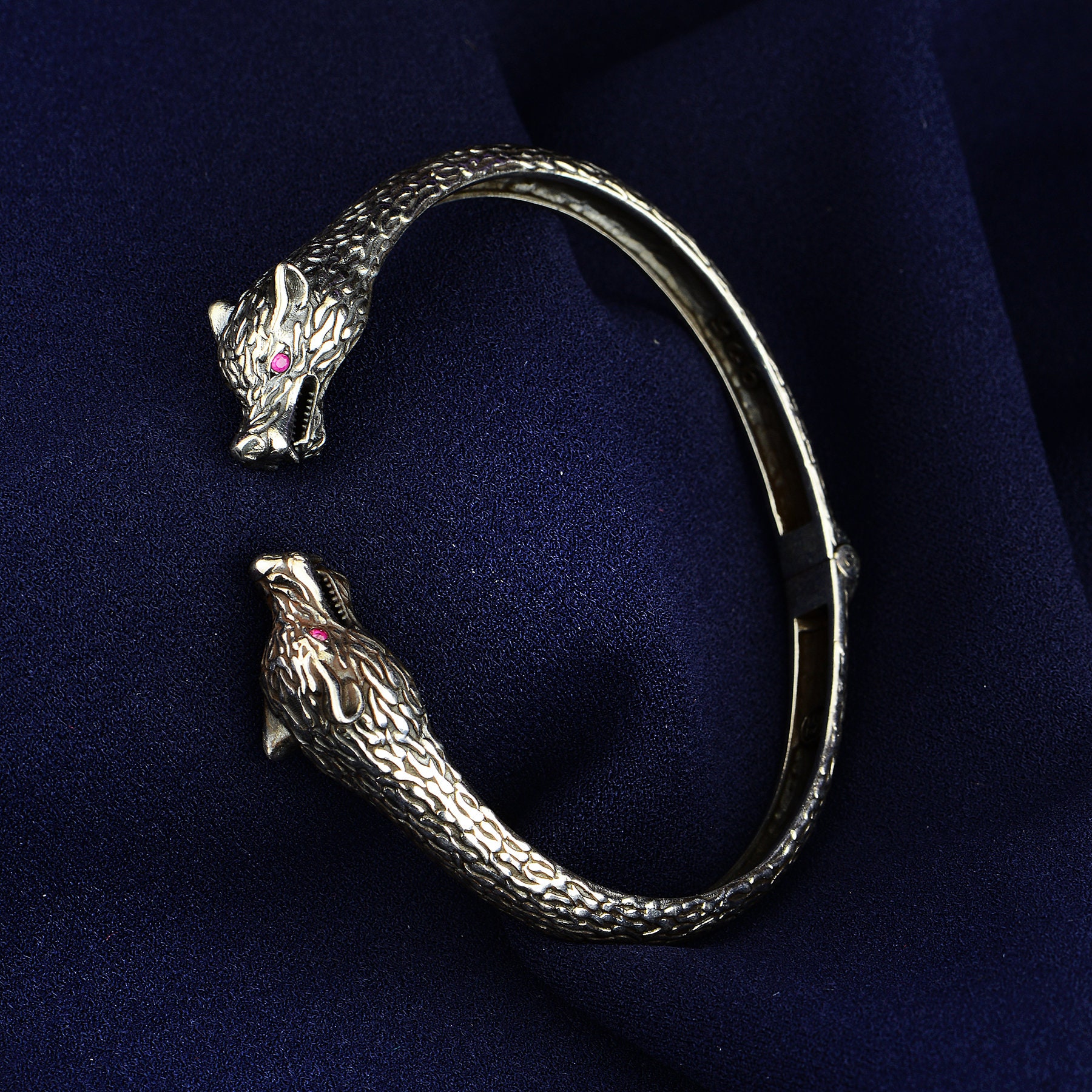 Silver Wolf Bracelet , Two Heads Wolf Bracelet , Ruby Eyes Wolf