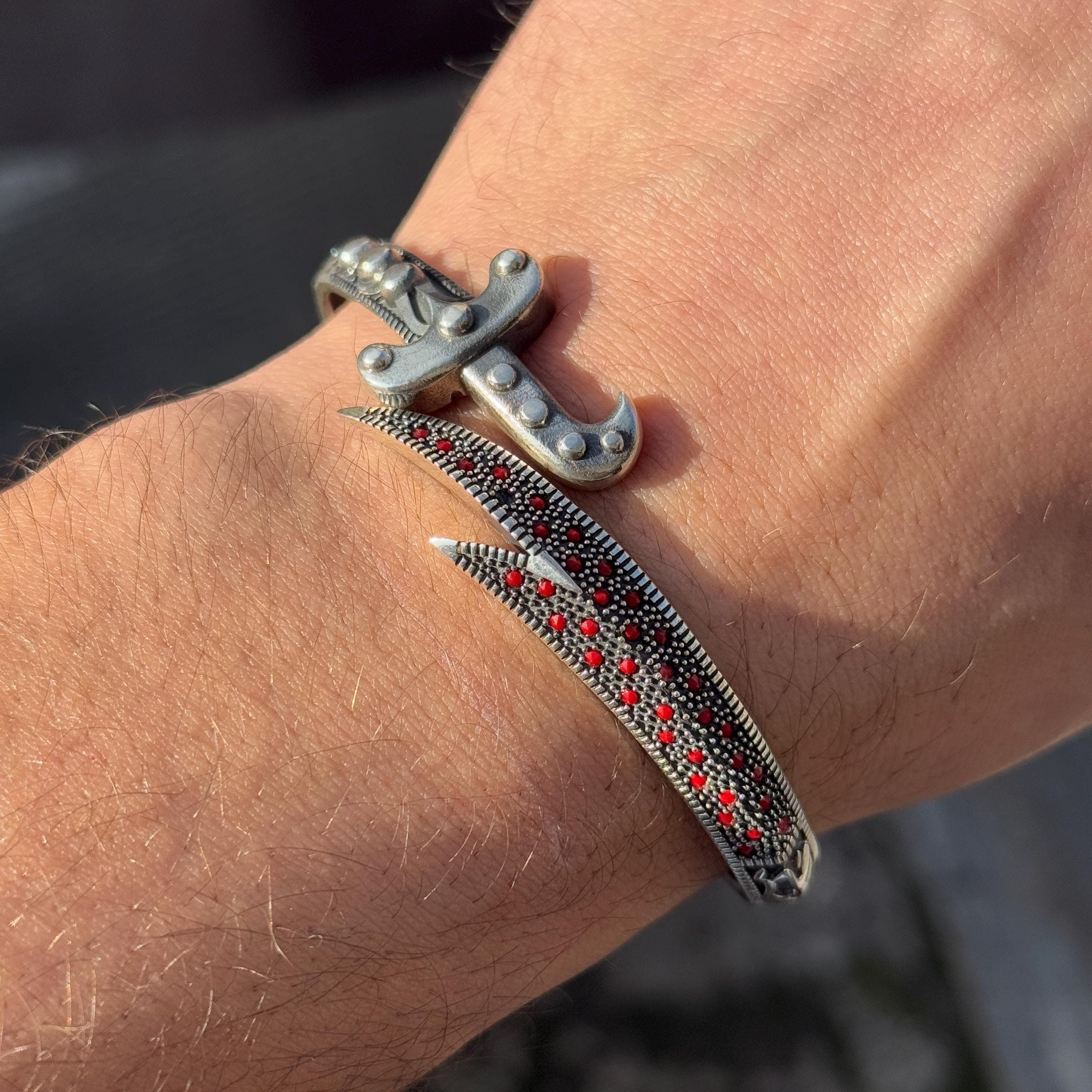 Silver Sword Bracelet , Mens Ruby Stone Zulfiqar Bracelet