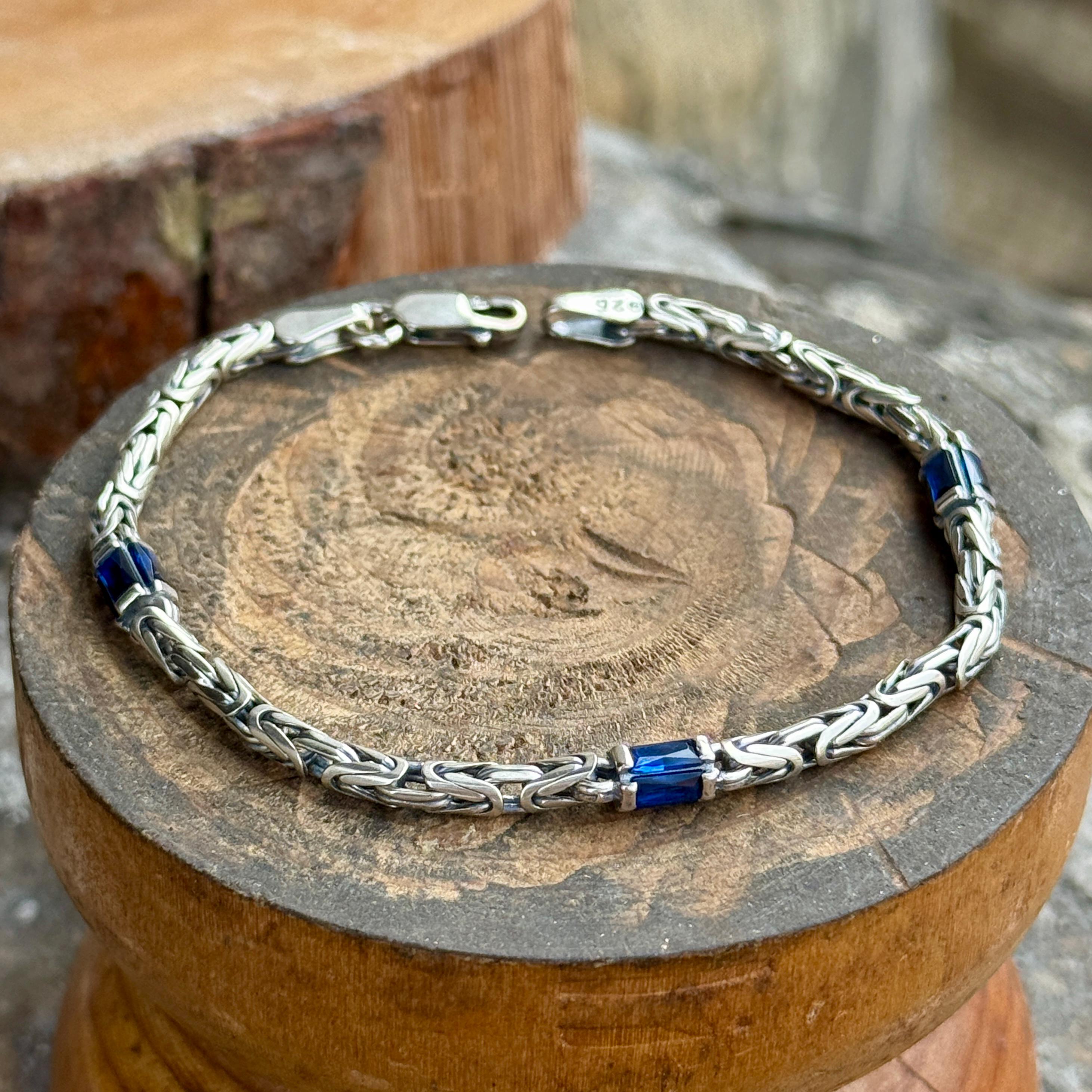 925 Silver Sapphire Stone Byzantine Chain Bracelet, 5MM King Chain