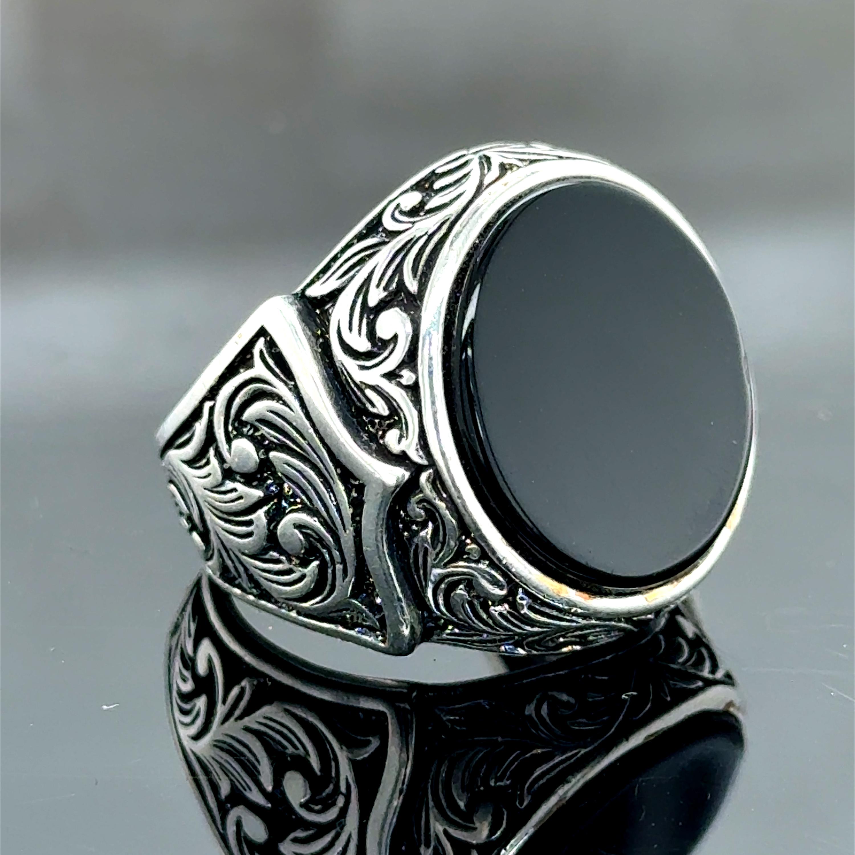 Silver Black Onyx Ring, Black Onyx Signet Ring, Round Mens Ring