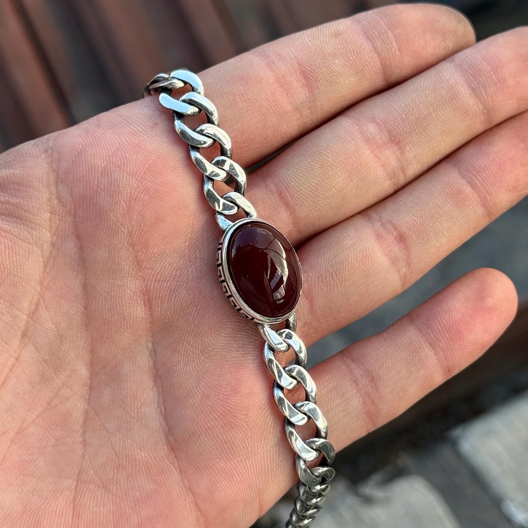 925 Sterling Silver Red Agate Ring, 10mm Curb Chain Men Bracelet