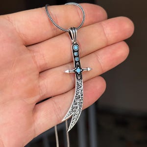 Silver Zulfiqar Necklace, Aquamarine Stone Zulfiqar Sword Pendant, Sword Necklace, Arabic Written Sword Pendant, Handmade 925 Silver