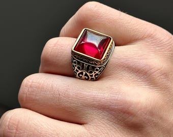 KAMBO Anillo De Piedra Preciosa Natural Auténtica De Rubí Para Hombres, Anillo De Plata De Ley 925K Para Hombre, Gema, Rubí