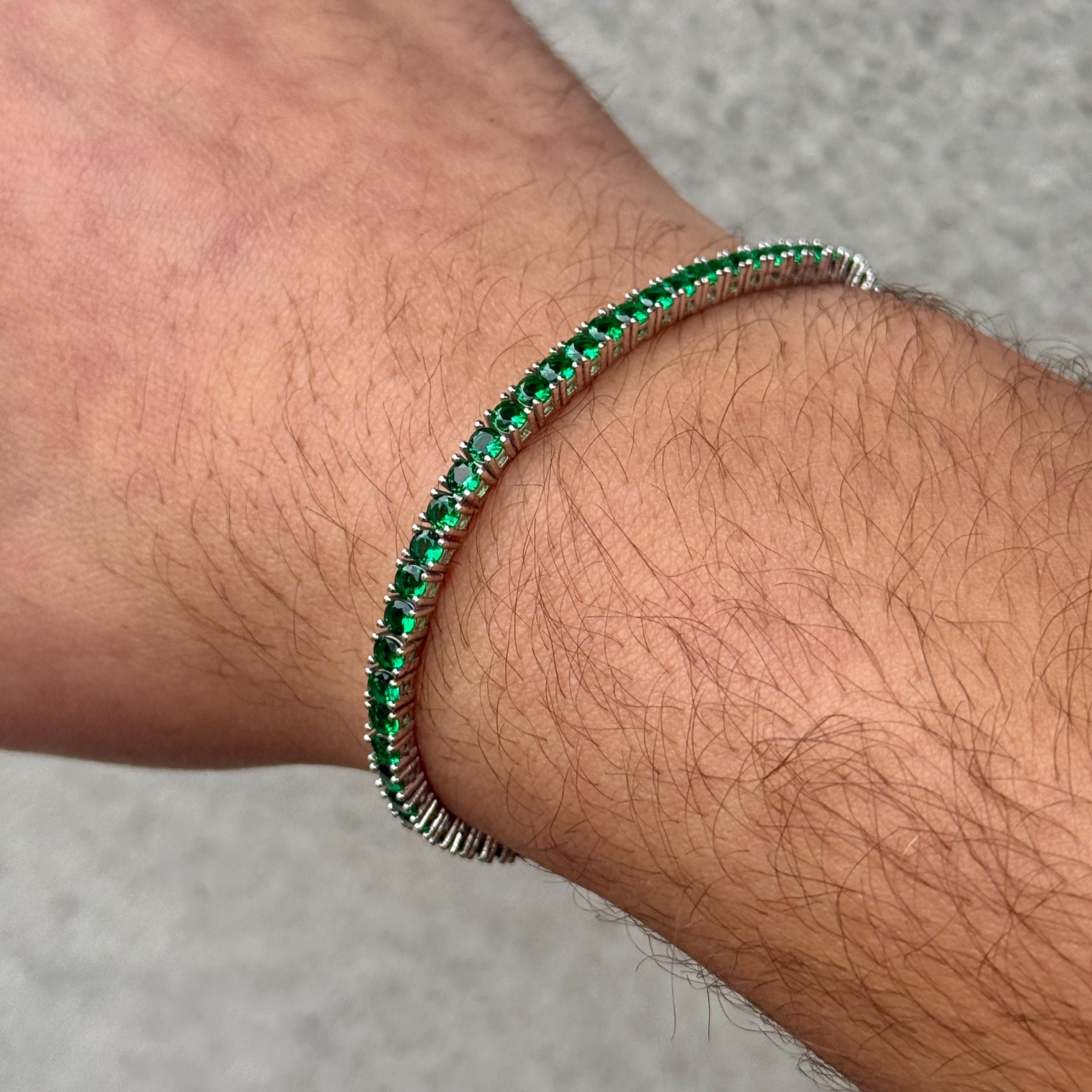 925 Silver Unisex Emerald Tennis Bracelet, 3mm Round Cut Green
