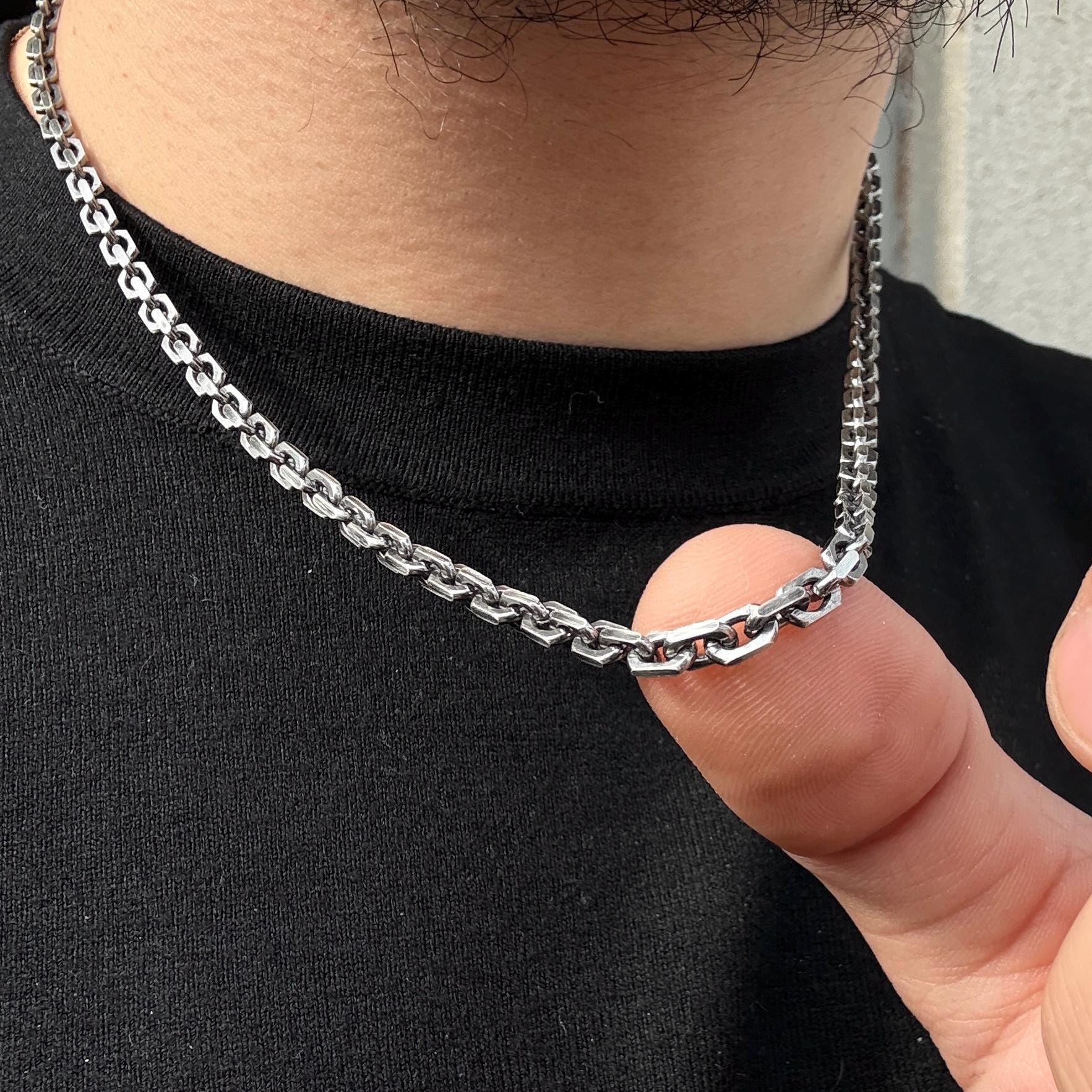 Silver Oxidized Anchor Chain Necklace, Cable Link Anchor Chain