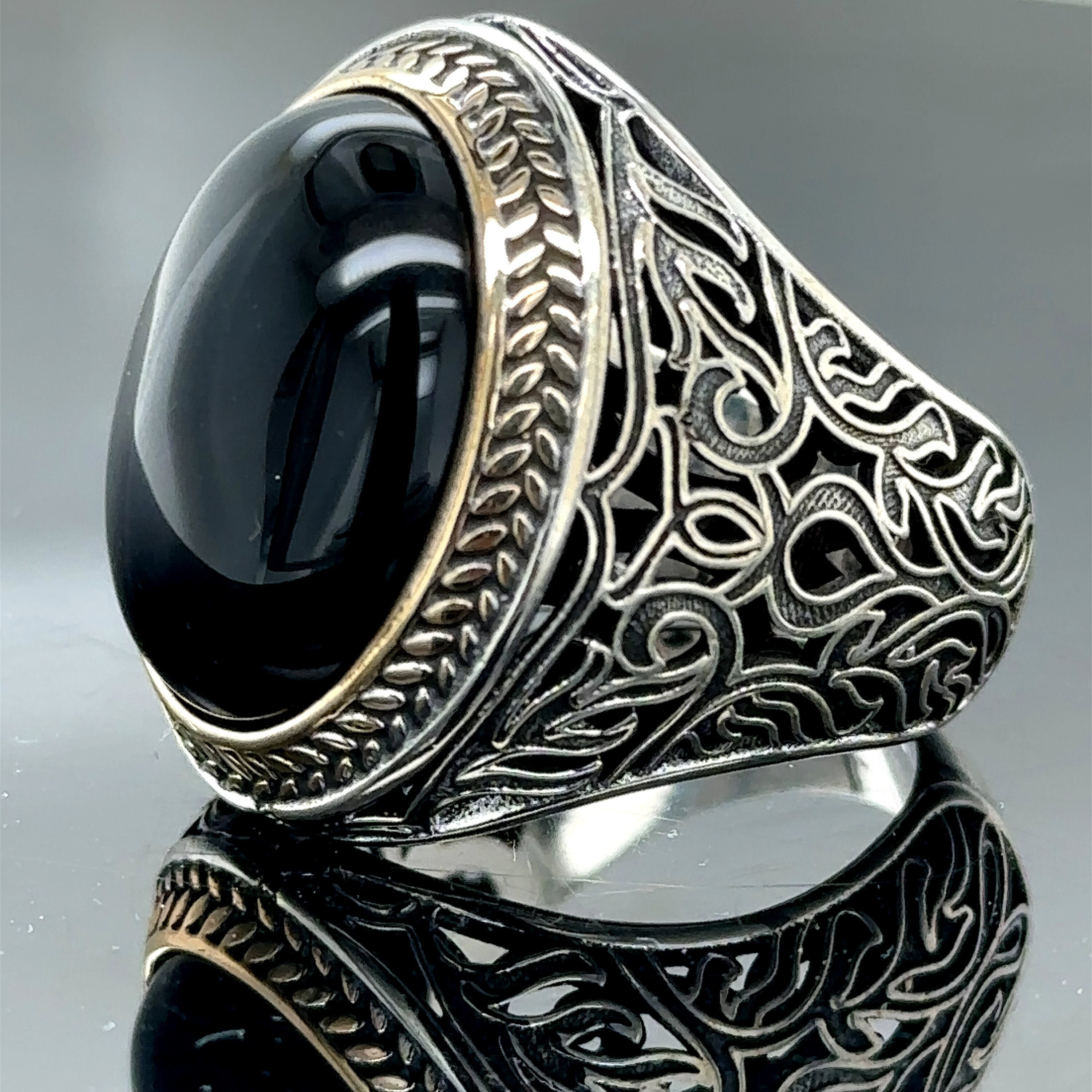 Silver Onyx Ring , Men Handmade Black Onyx Stone Ring , Ottoman Style Silver Ring , Oval Cut Onyx Ring , 925k Sterling Silver Ring