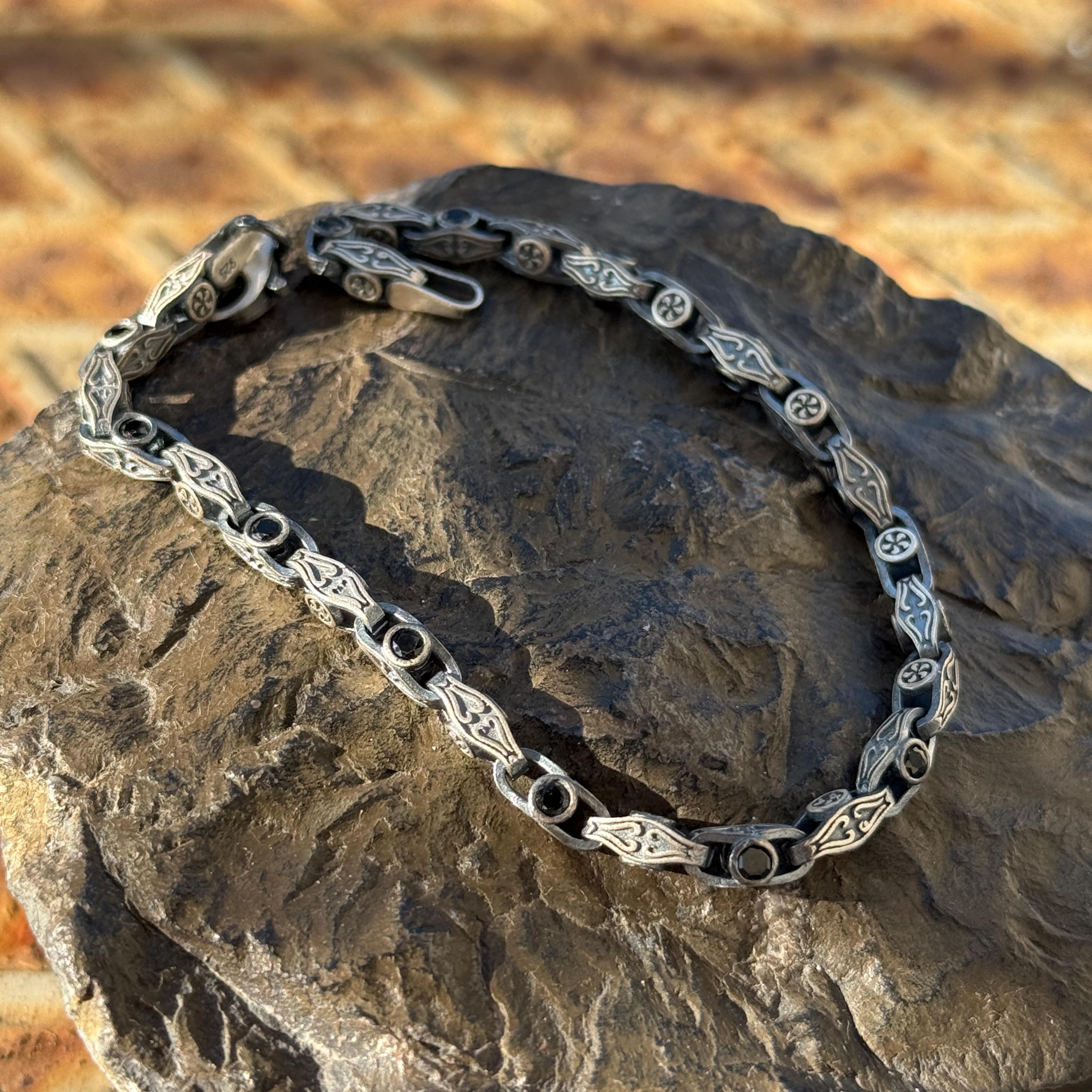 Silver Ruby Hand-engraved Bracelet, Byzantine Link Chain Bracelet