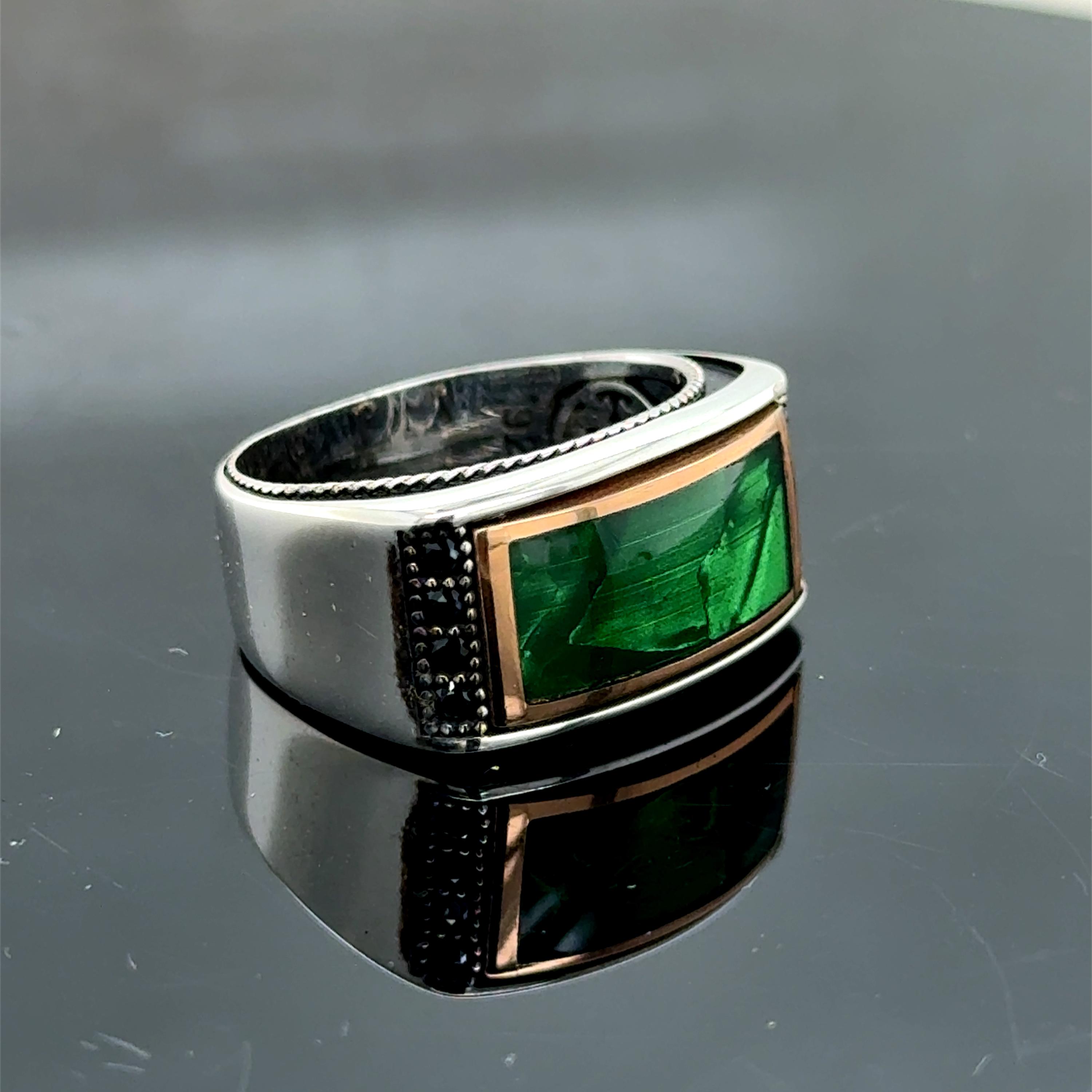 Men Silver Emerald Gemstone Ring, Tungsten Emerald Band Ring