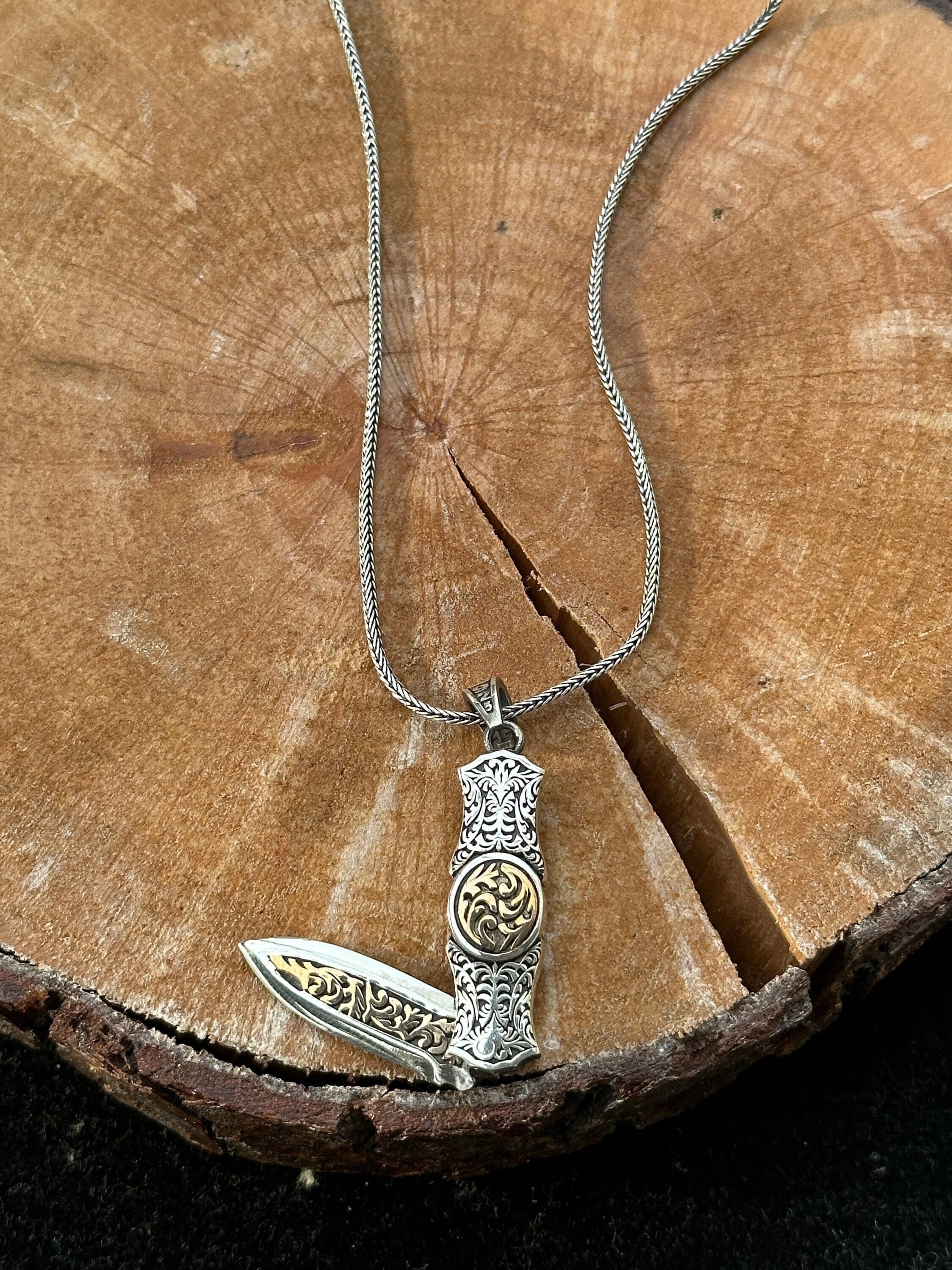 Silver Foldable Knife Necklace , Silver Dagger Pendant