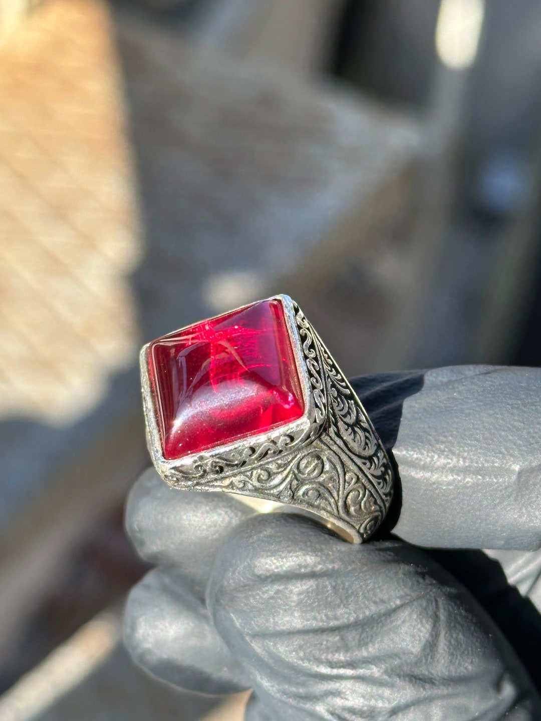 Silver Natural Ruby Stone Ring , Engraved Men Ring , Red Stone Ring — free download
