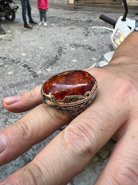 Bague En Ambre Baltique Et Argent 925 - Taille 57 - Style Ancien - Occasion