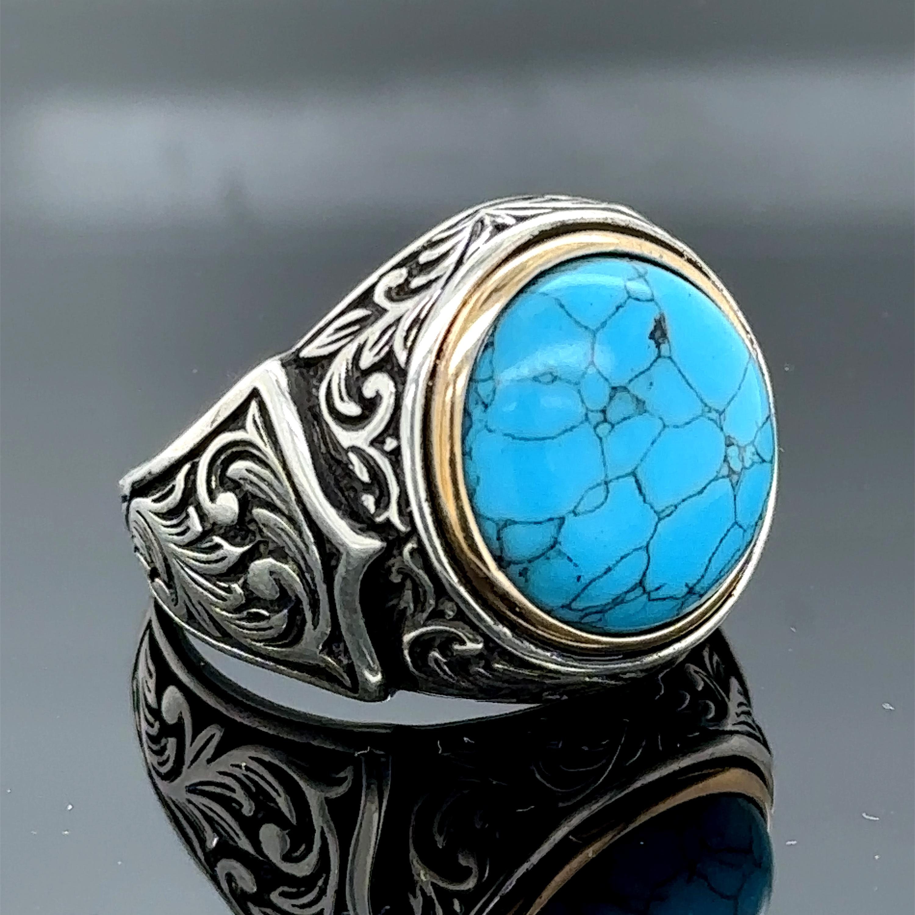 Sterling Silver Turquoise Ring , Round Blue Turquoise Ring