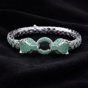 Pulsera de plata y esmeralda con diseño de pantera salvaje, pulsera de serpiente pitón y pantera, pulsera unisex, regalo para hombre.